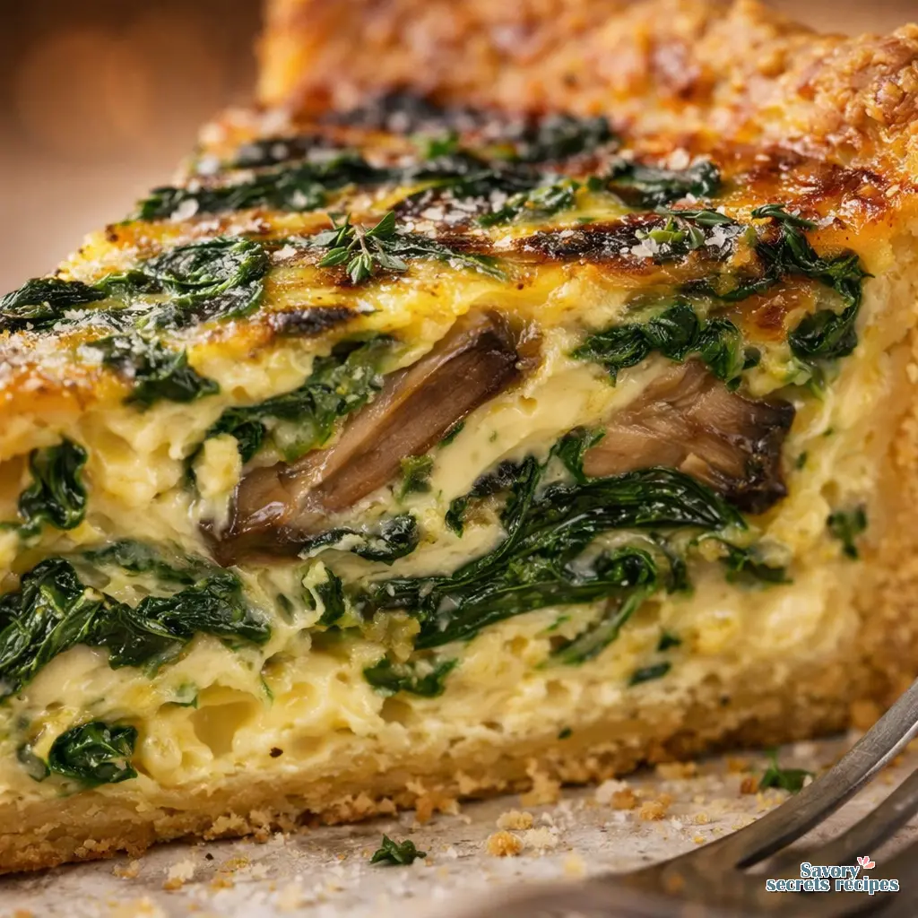 spinach and mushroom quiche close up