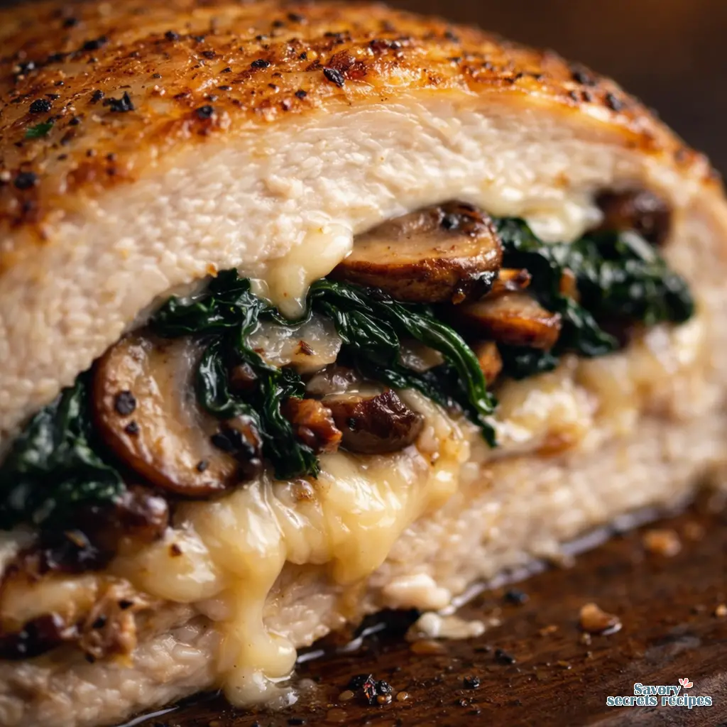 spinach and mushroom stuffed chicken breast close up