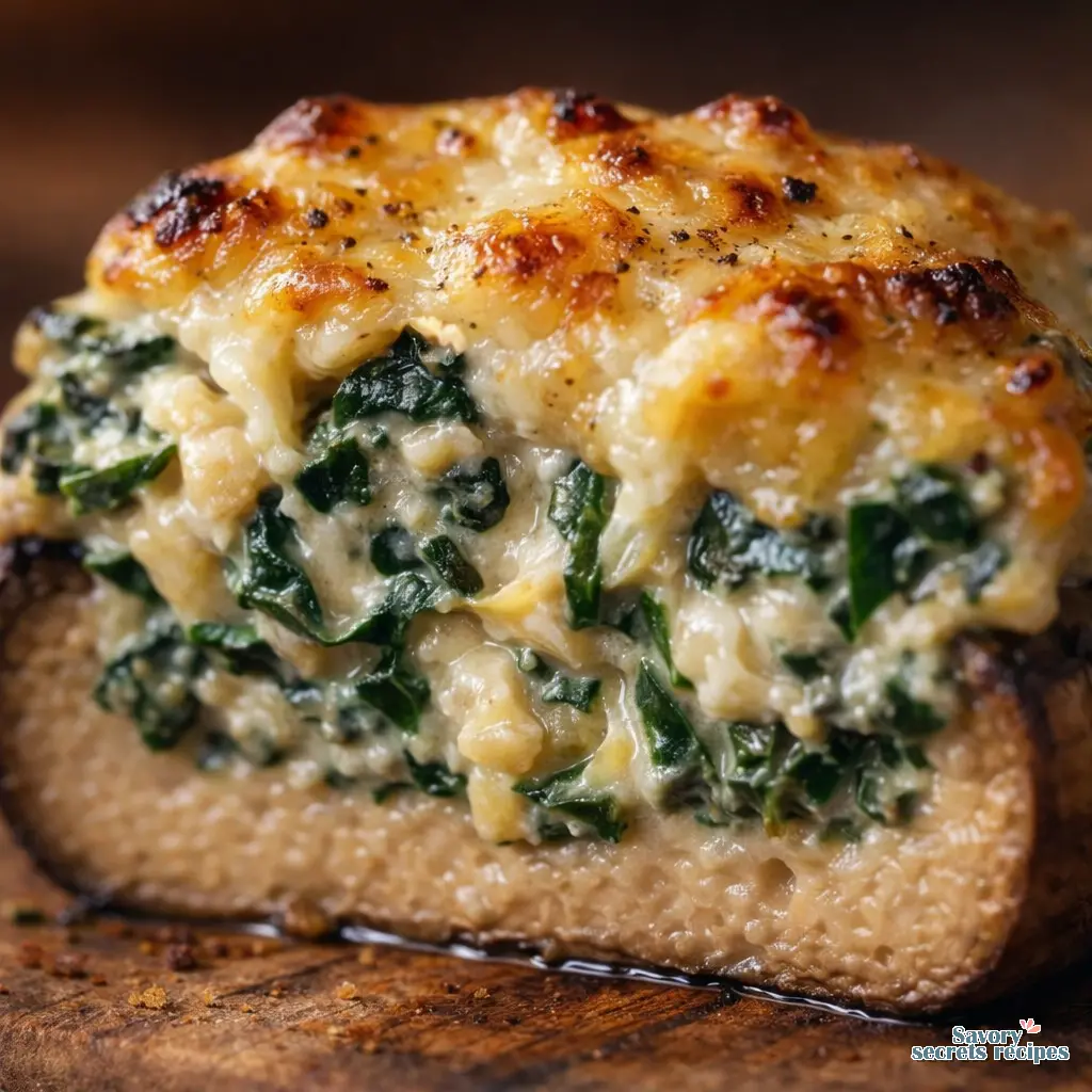 spinach artichoke dip stuffed mushrooms close up