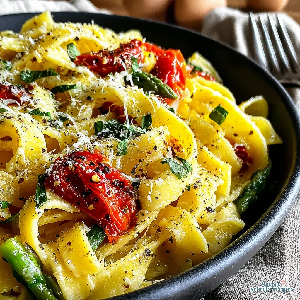 spring garden vegetable pasta close up