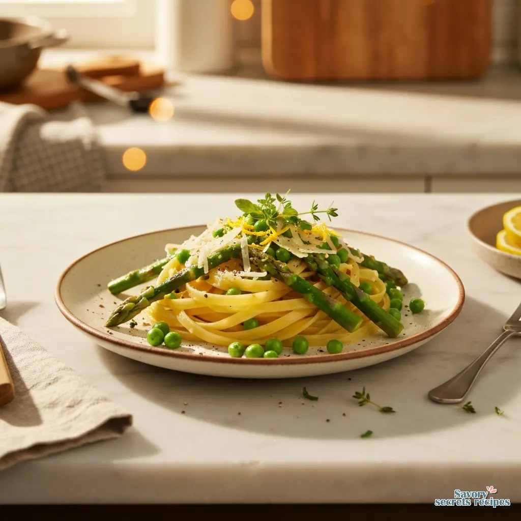 spring pasta recipe with asparagus and peas final presentation