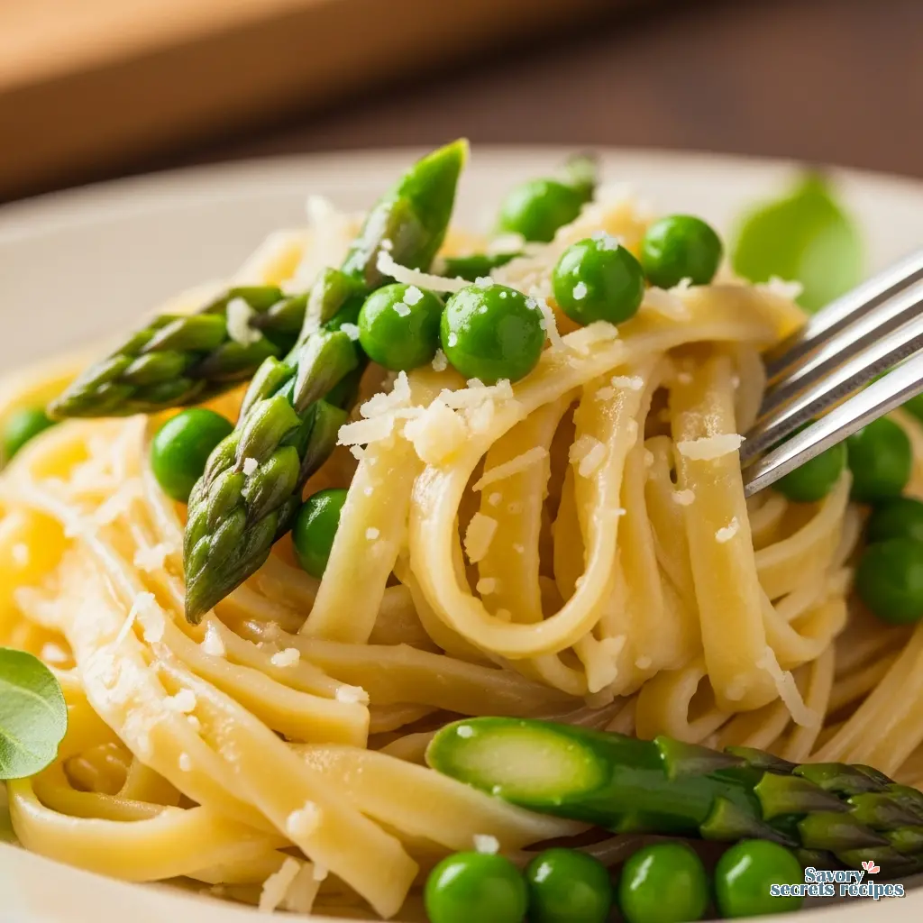 spring pasta recipe with asparagus and peas close up