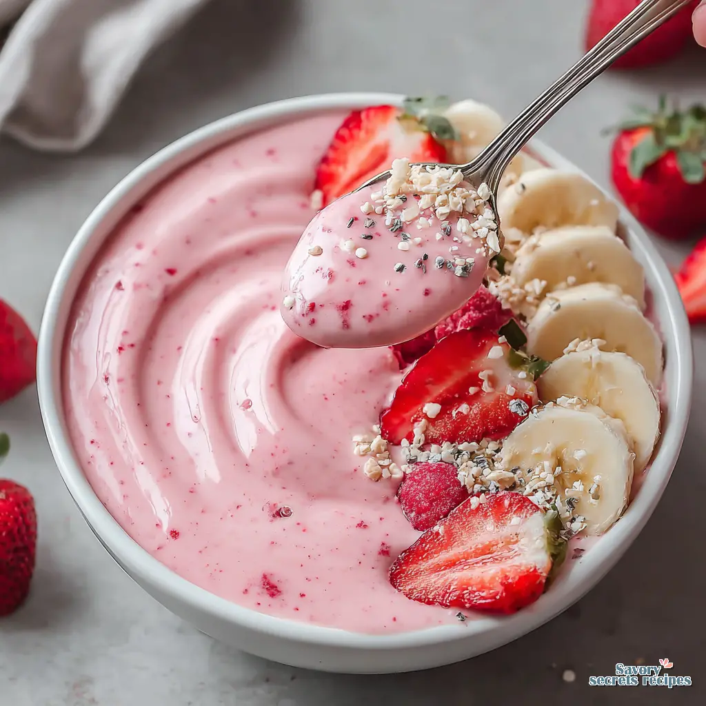 strawberry banana smoothie bowl base close up