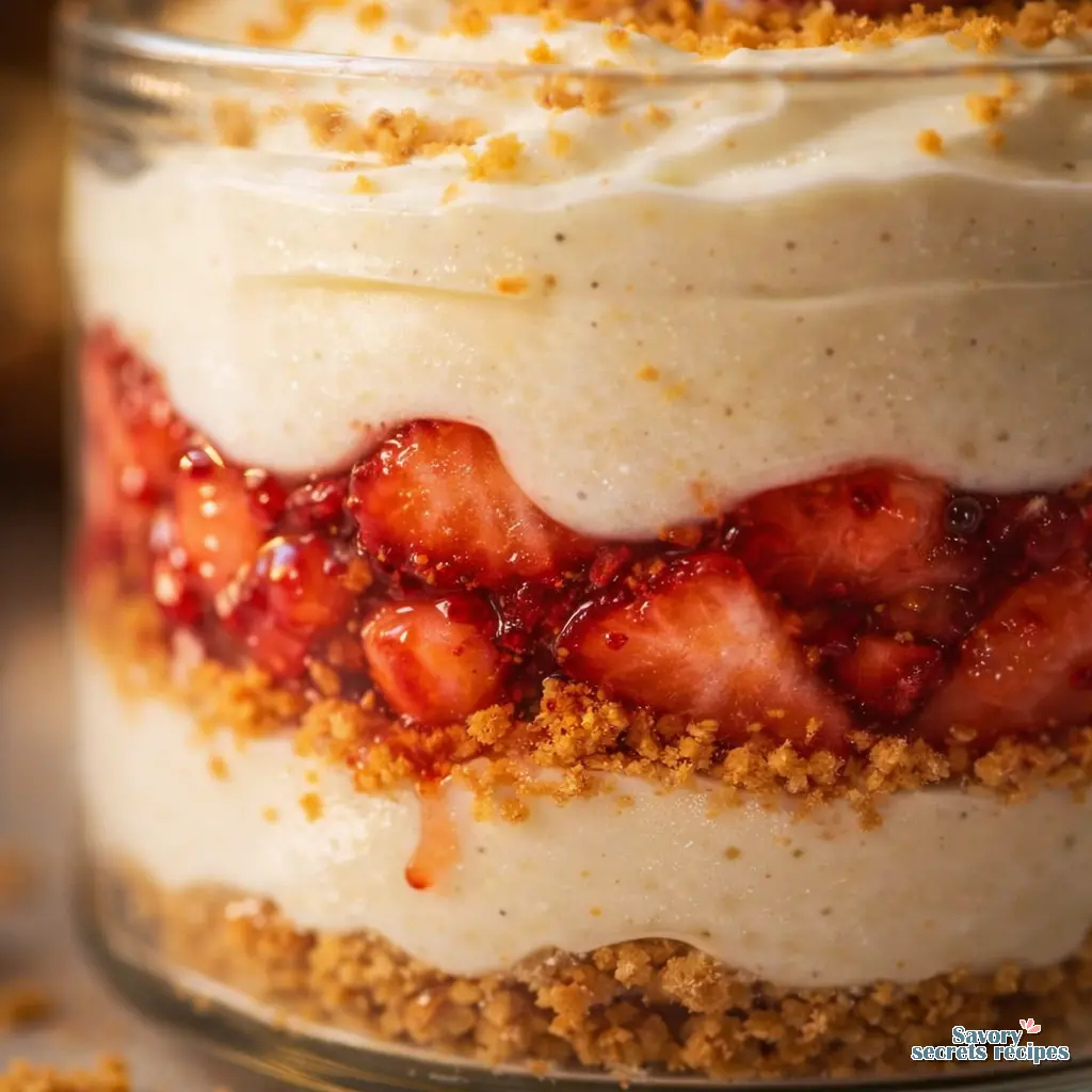 strawberry cheesecake greek yogurt parfait close up