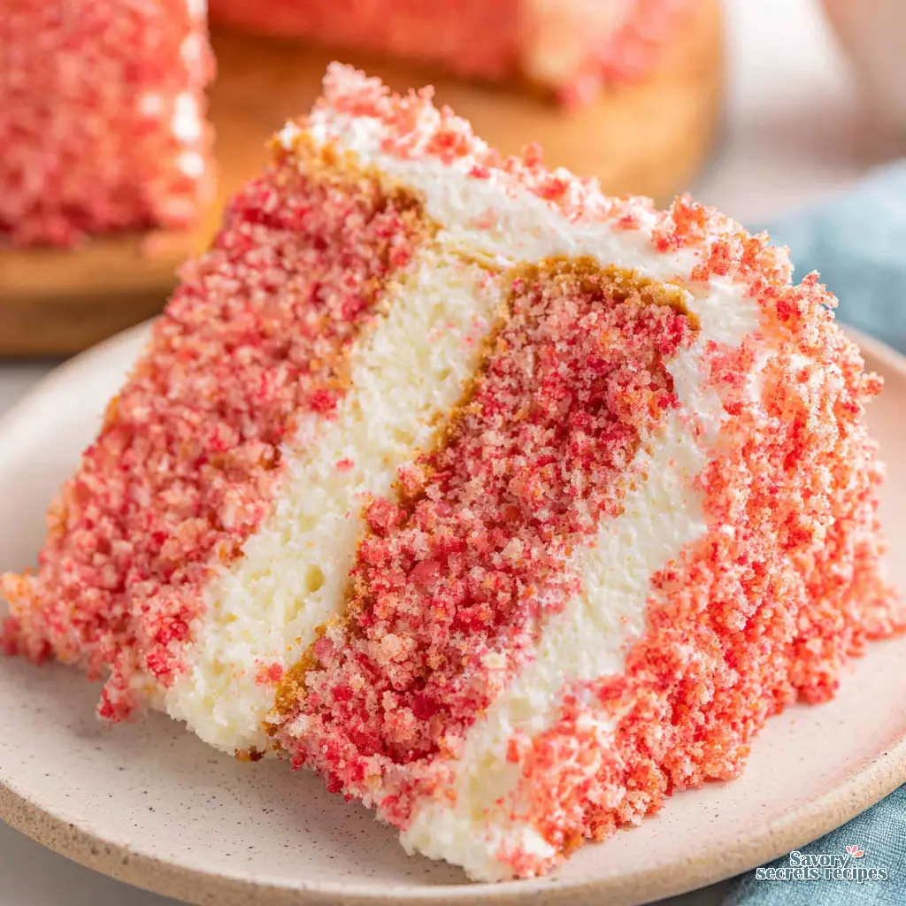 Strawberry Crunch Cake close up