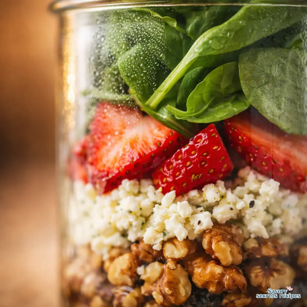 strawberry spinach mason jar salad close up