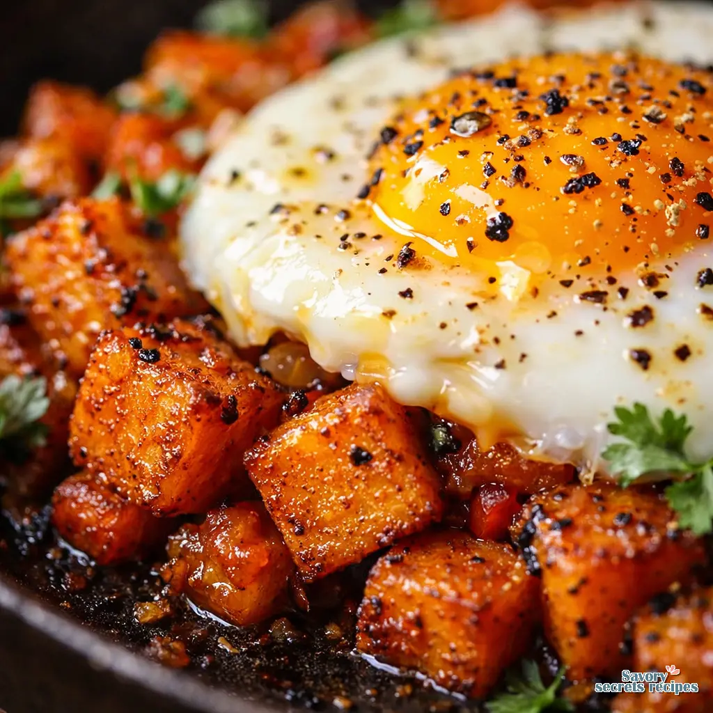 sweet potato hash with eggs close up