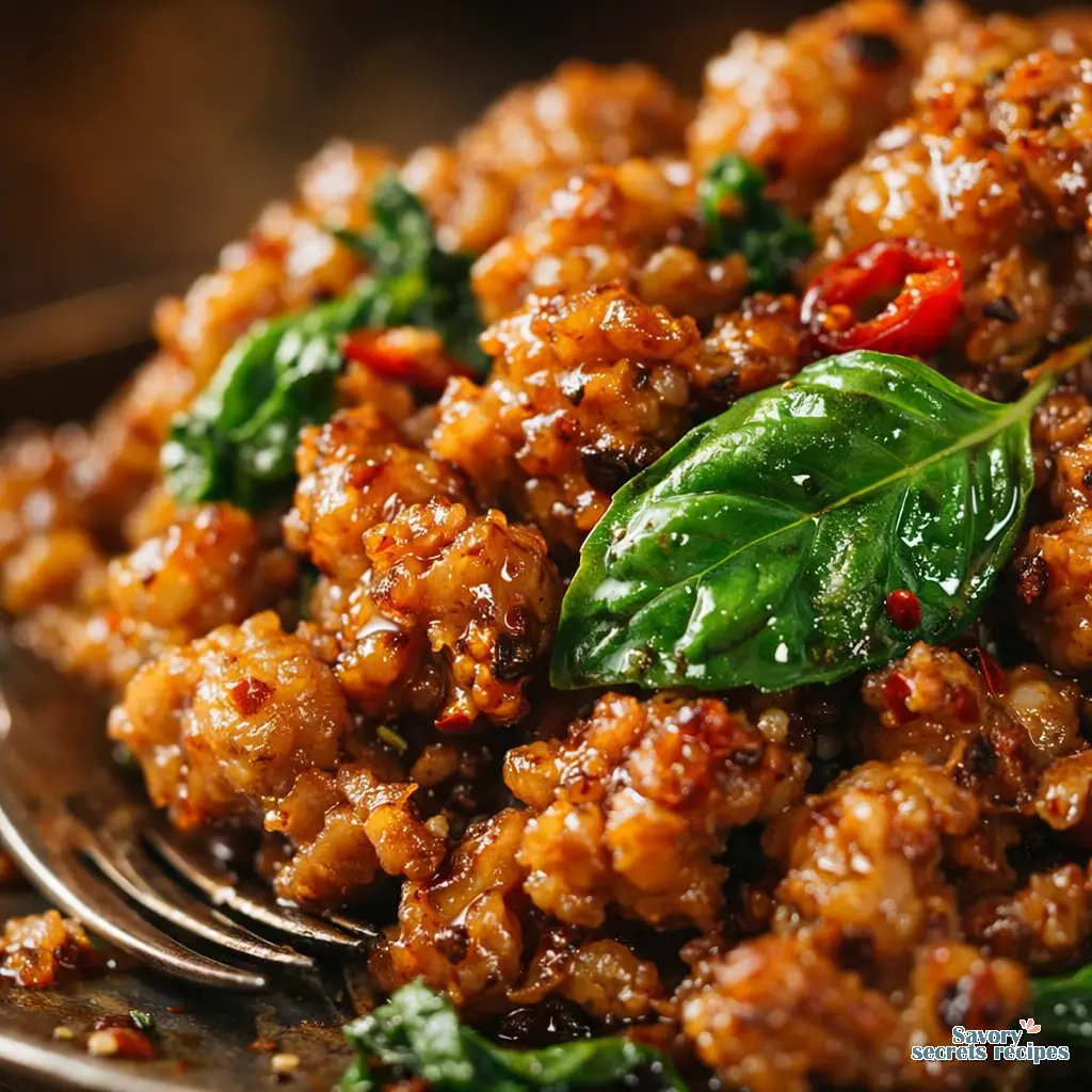 thai holy basil chicken stir-fry close up