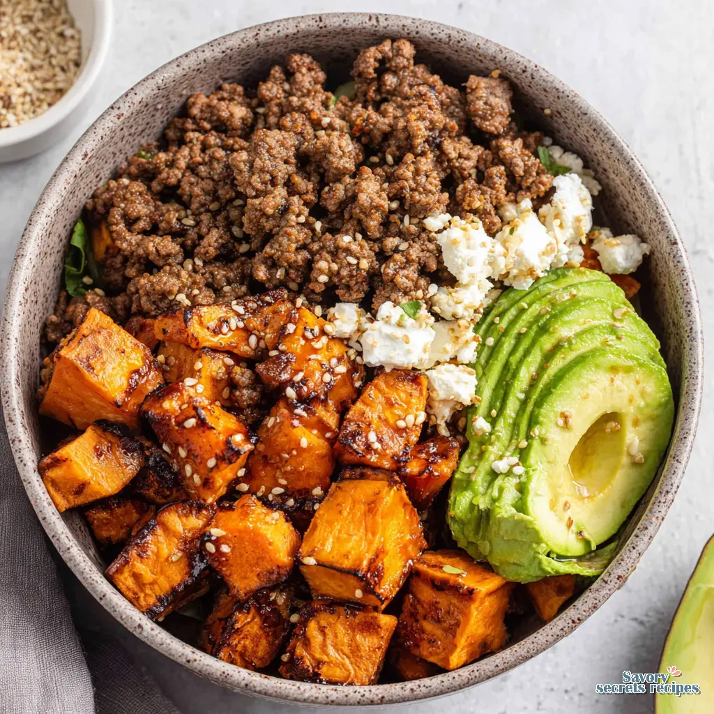 viral tiktok hot honey ground beef sweet potato bowl close up