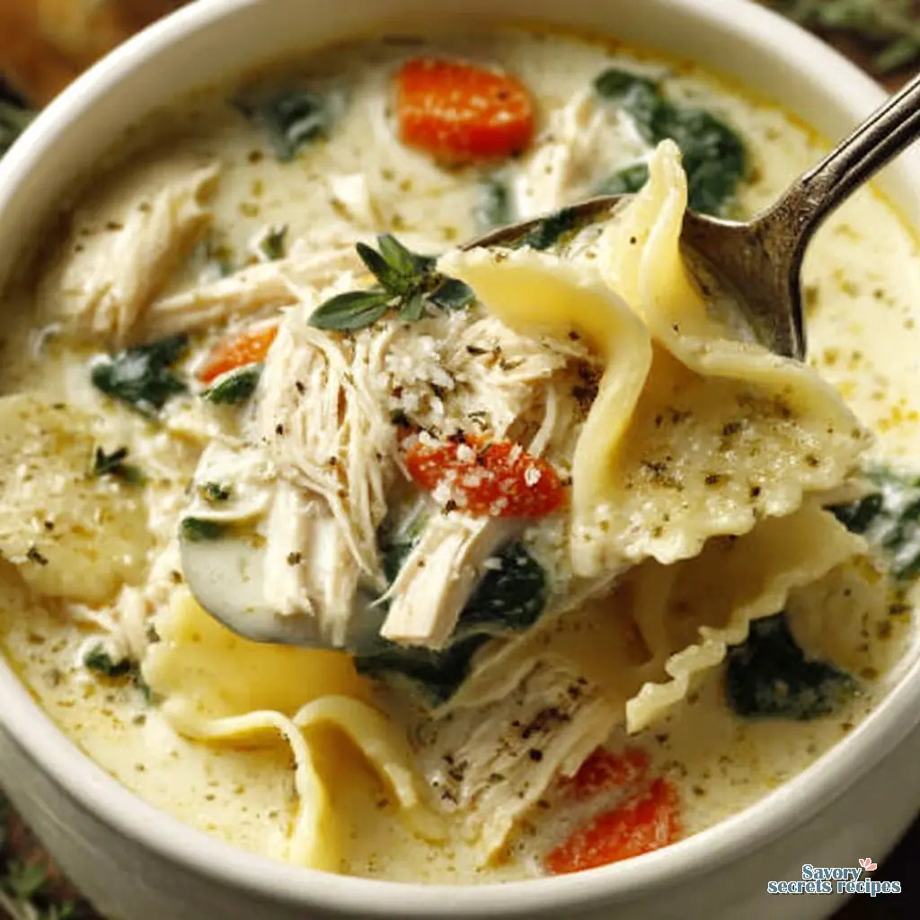 white lasagna soup with chicken close up