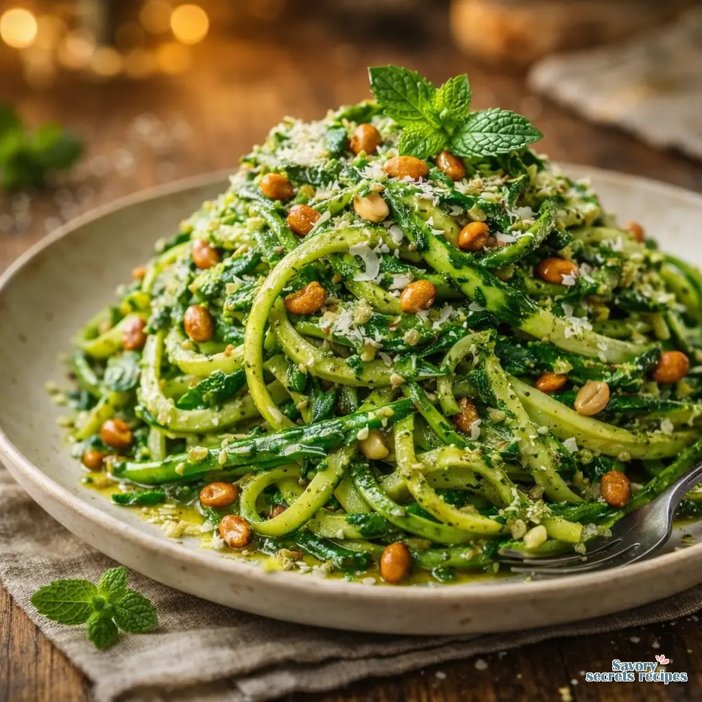 zucchini noodles with asparagus and mint pesto final presentation