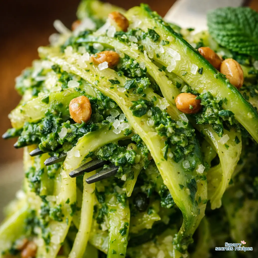 zucchini noodles with asparagus and mint pesto close up
