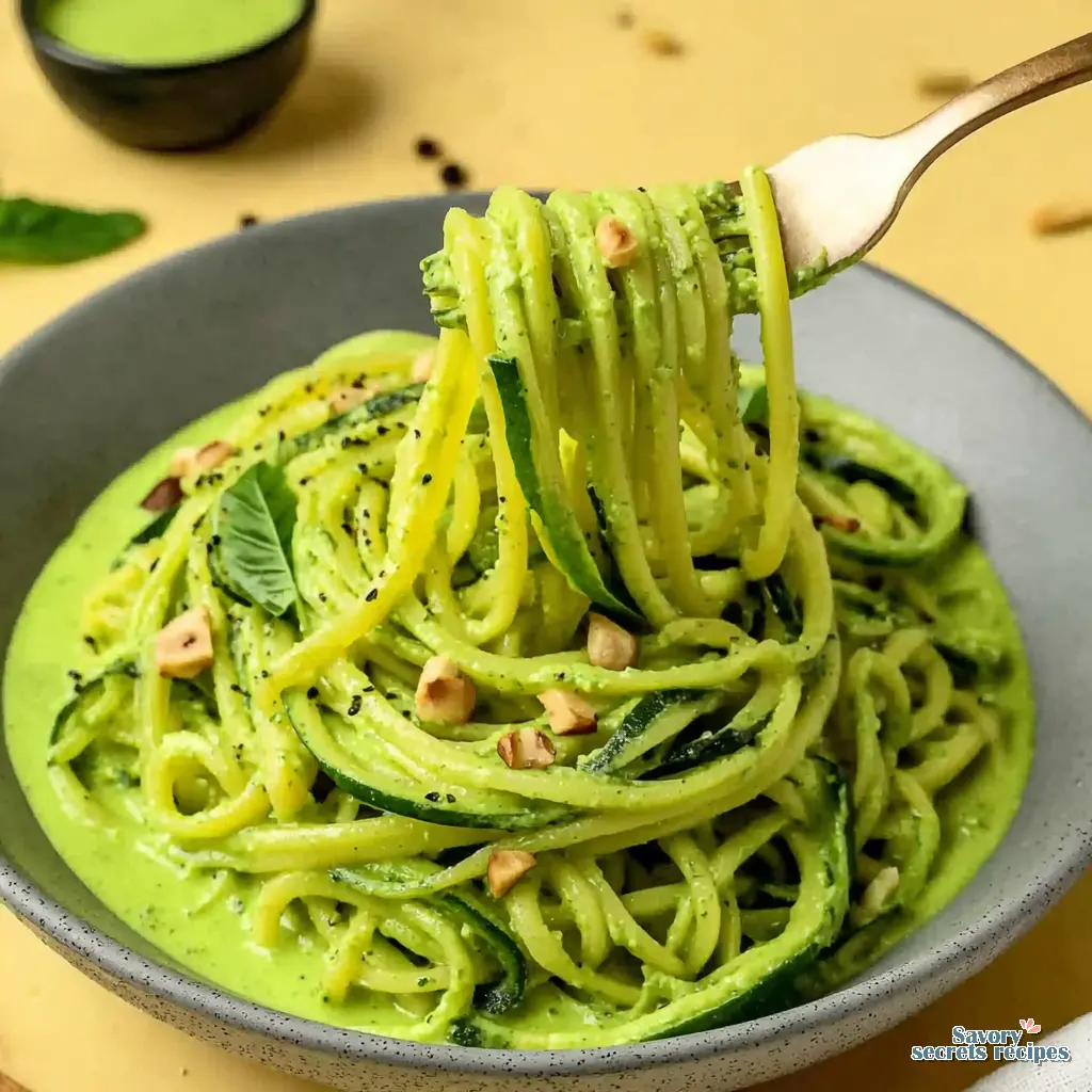 zucchini noodles with avocado pesto close up
