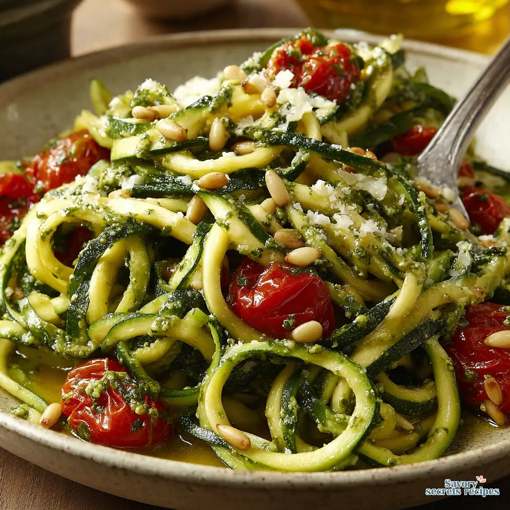 zucchini noodles with pesto and cherry tomatoes 676597996 q1