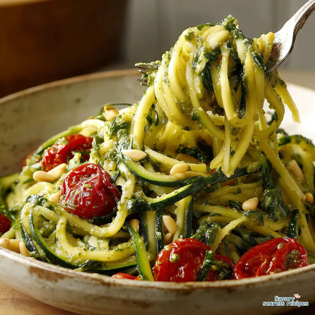 zucchini noodles with pesto and cherry tomatoes close up