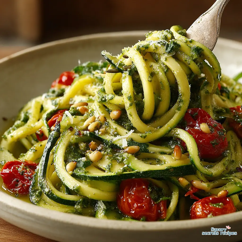 zucchini noodles with pesto and cherry tomatoes final presentation