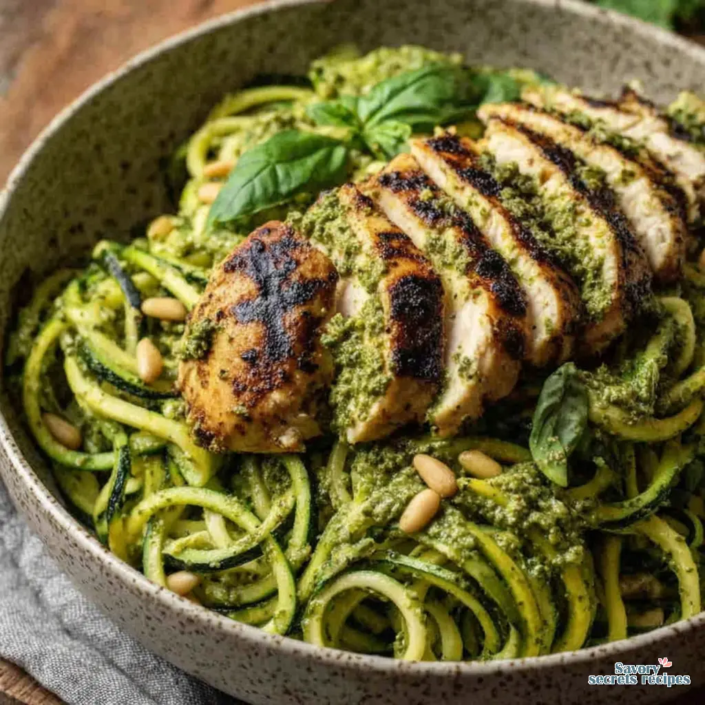 zucchini noodles with pesto and grilled chicken close up
