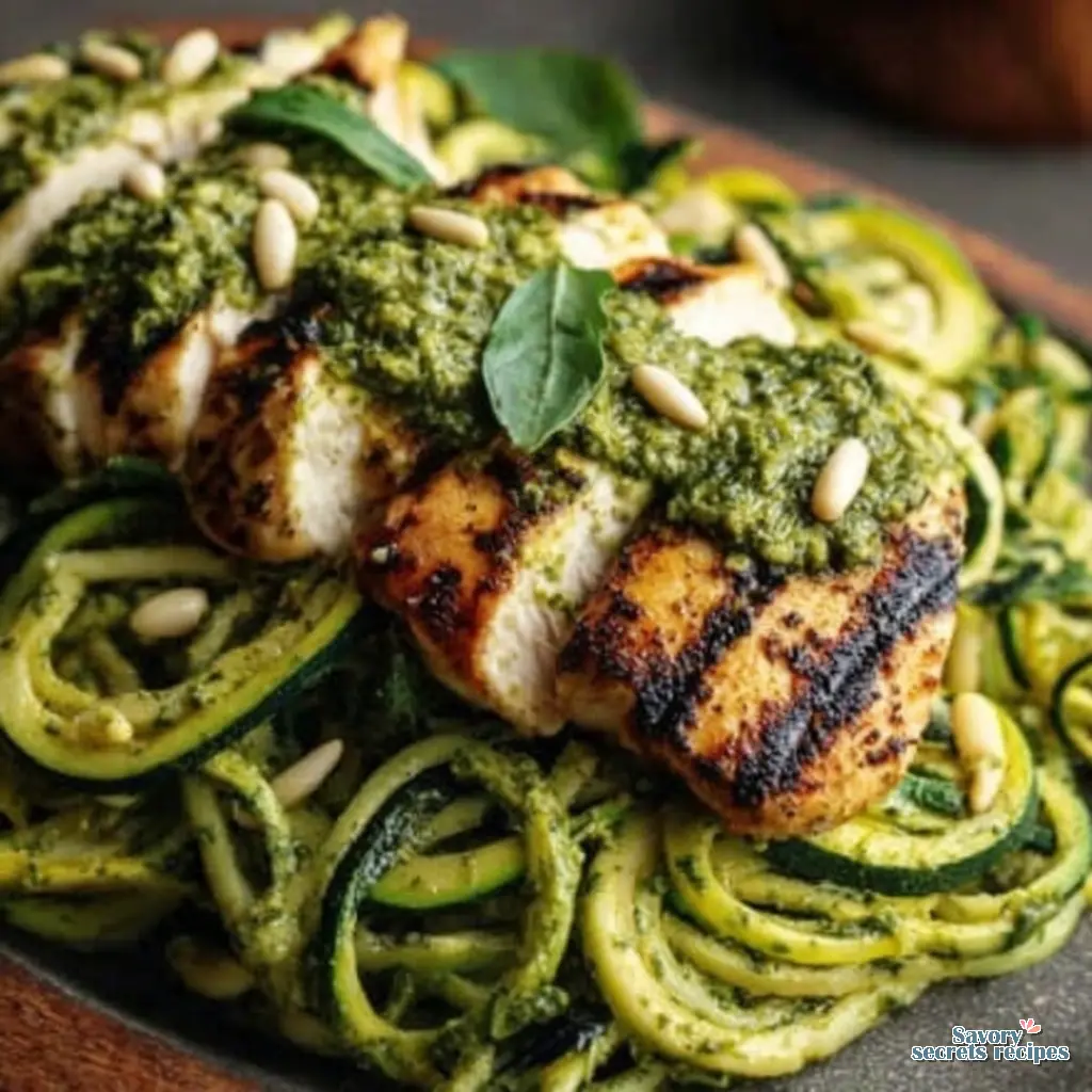 zucchini noodles with pesto and grilled chicken final presentation