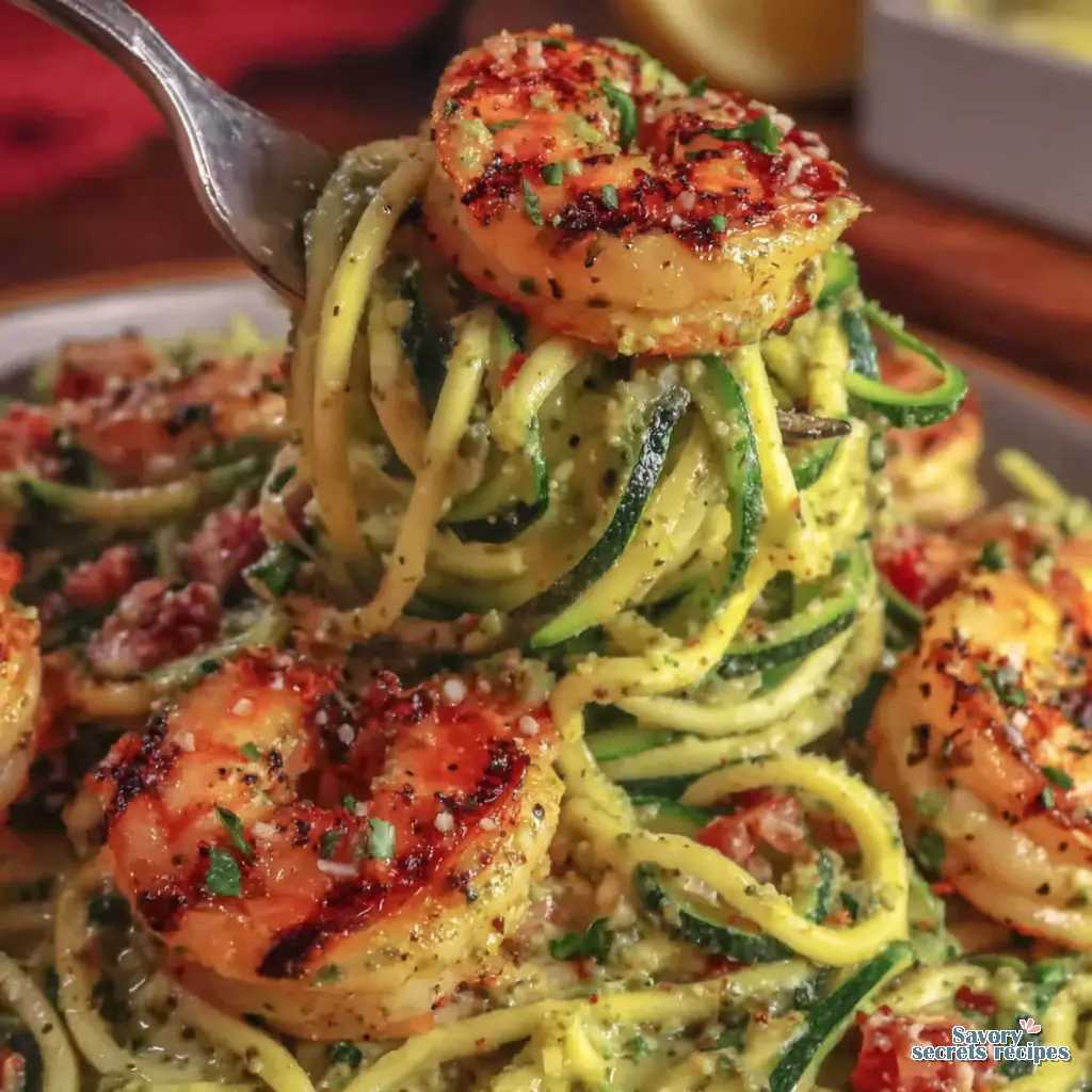 zucchini noodles with pesto and grilled shrimp close up