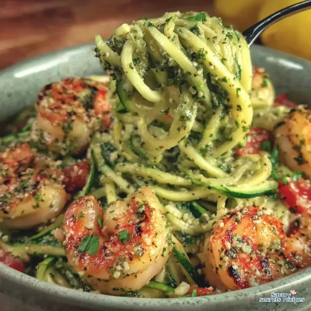 zucchini noodles with pesto and grilled shrimp final presentation