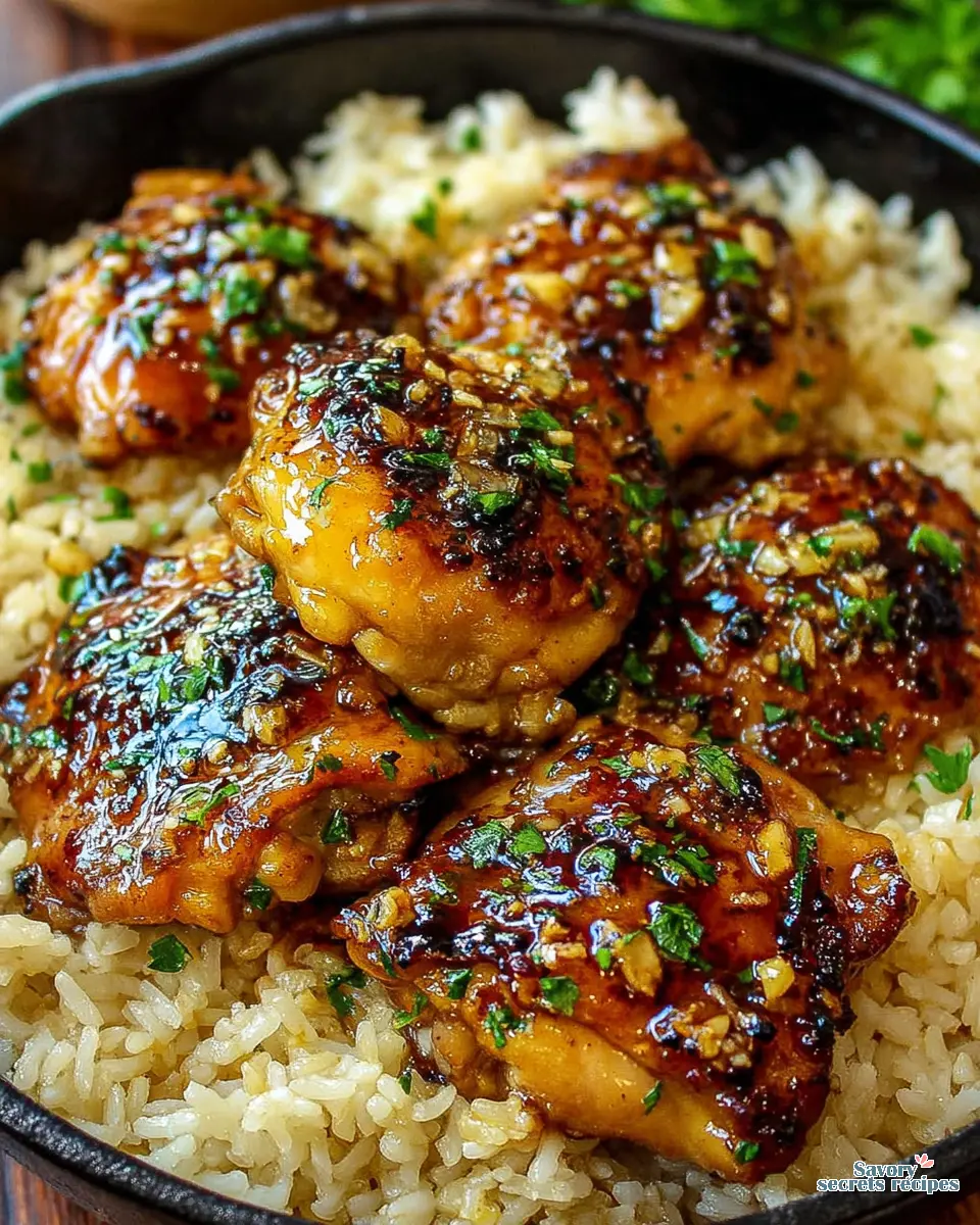 3 ingredient honey garlic chicken with rice close up