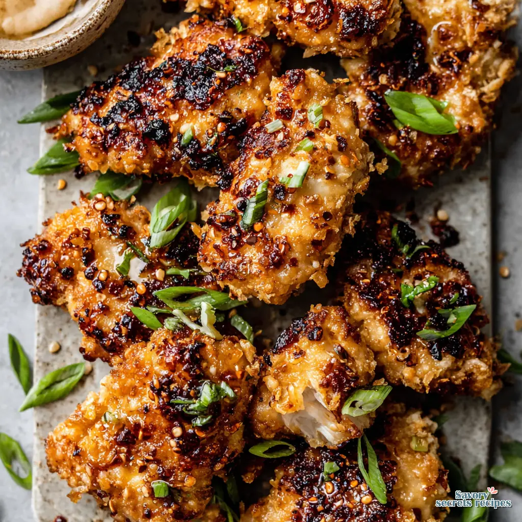 Close up of crispy chicken bites coated in spices