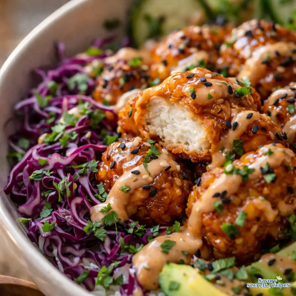 air fryer bang bang chicken bowls close up