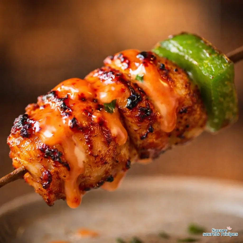 air fryer bang bang chicken skewers close up