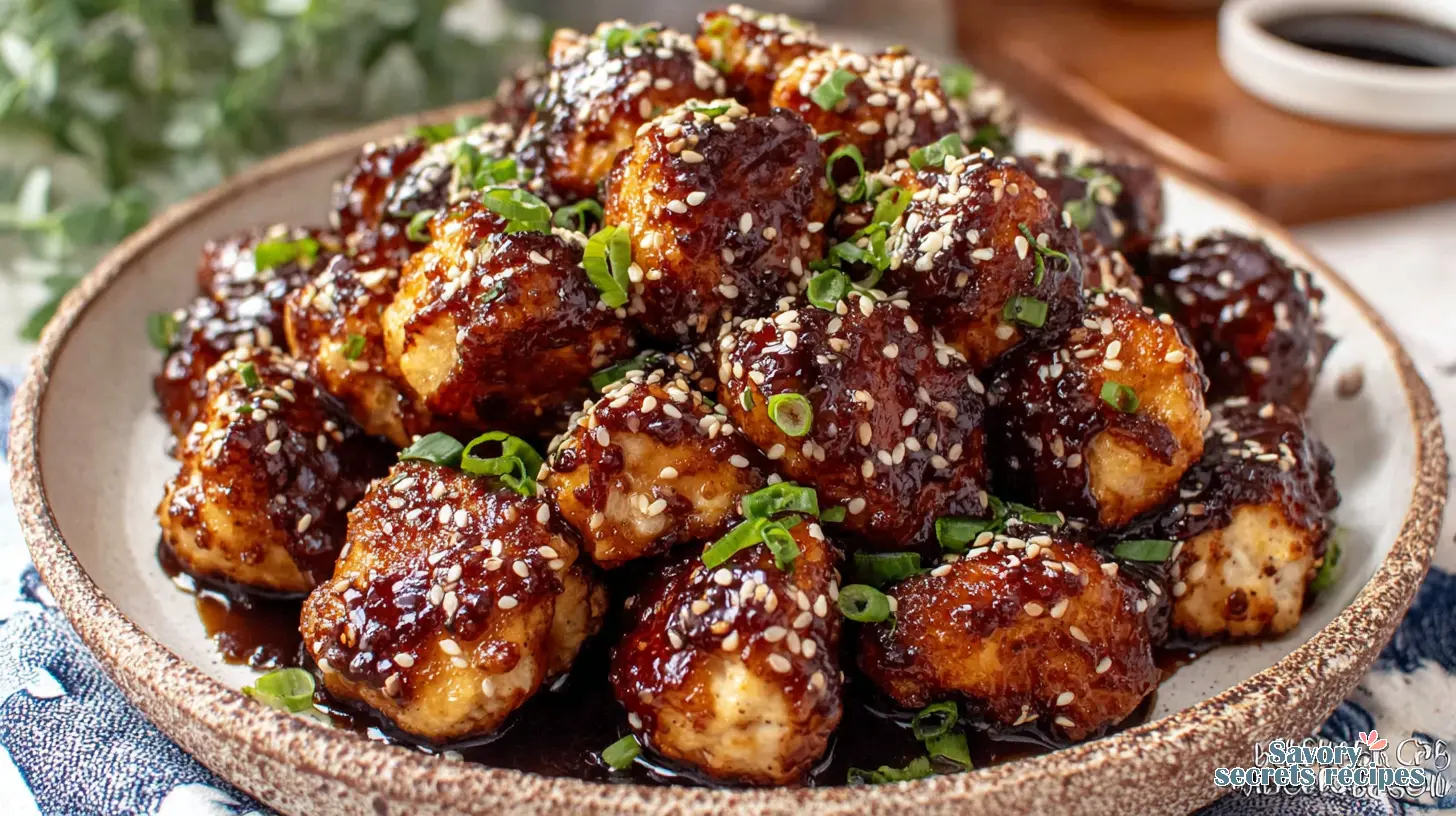 Air Fryer Chicken Teriyaki Bites served over rice with green onions