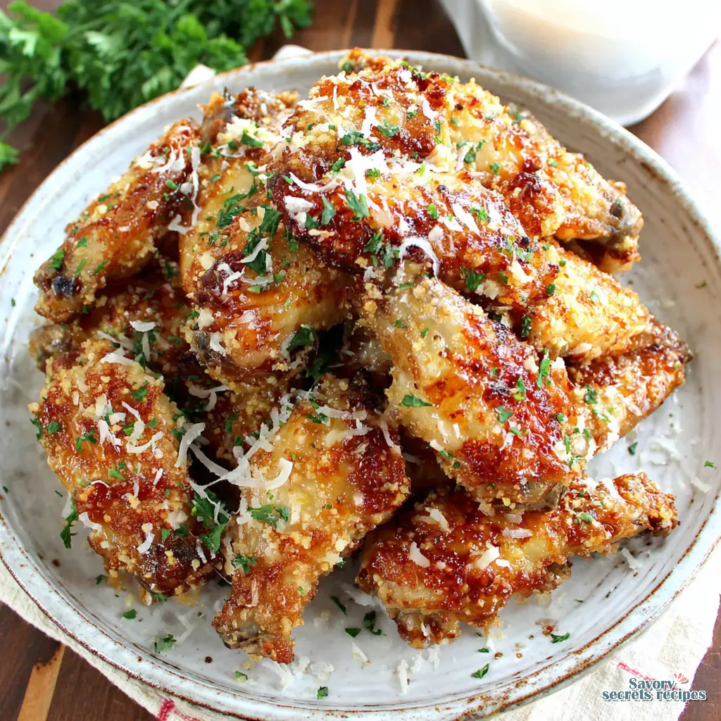 Air Fryer Garlic Parmesan Wings served on a platter with lemon wedges and parsley