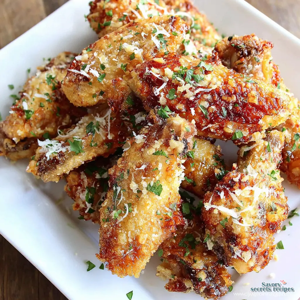 Close up of crispy chicken wing coated in garlic parmesan sauce