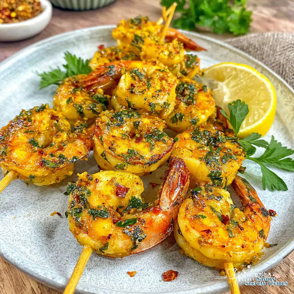 Air Fryer Garlic Shrimp Skewers plated with rice and lemon