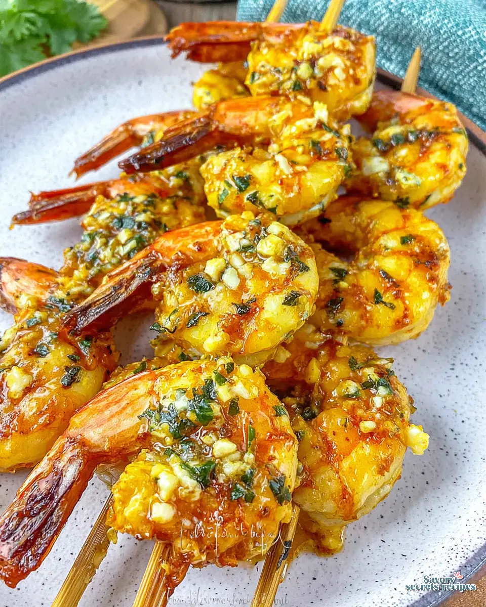 Close up of seasoned shrimp on skewers
