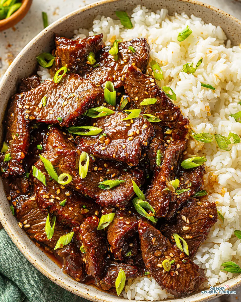 air fryer honey garlic beef rice bowl close up