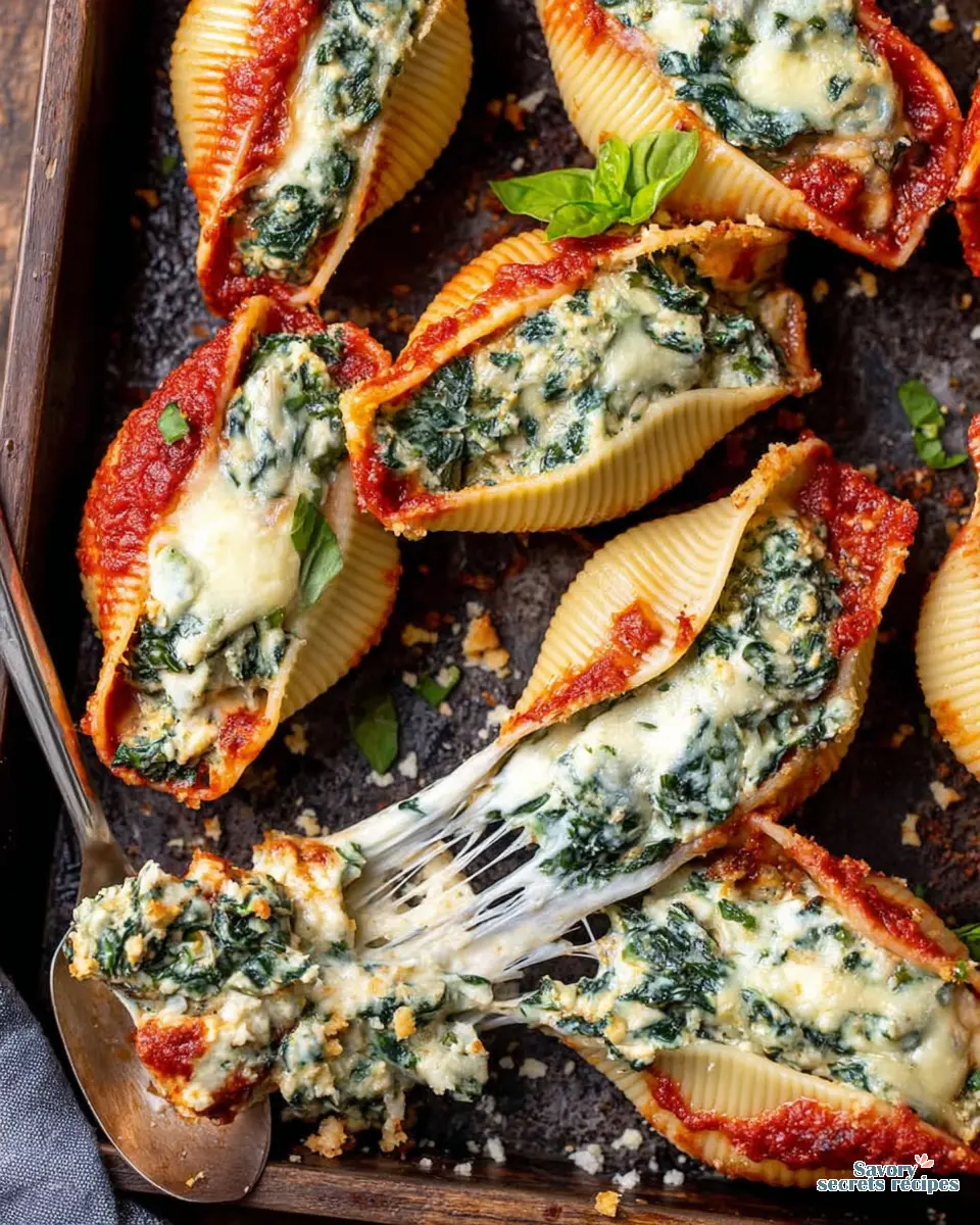 Baked Spinach Ricotta Stuffed Shells close up