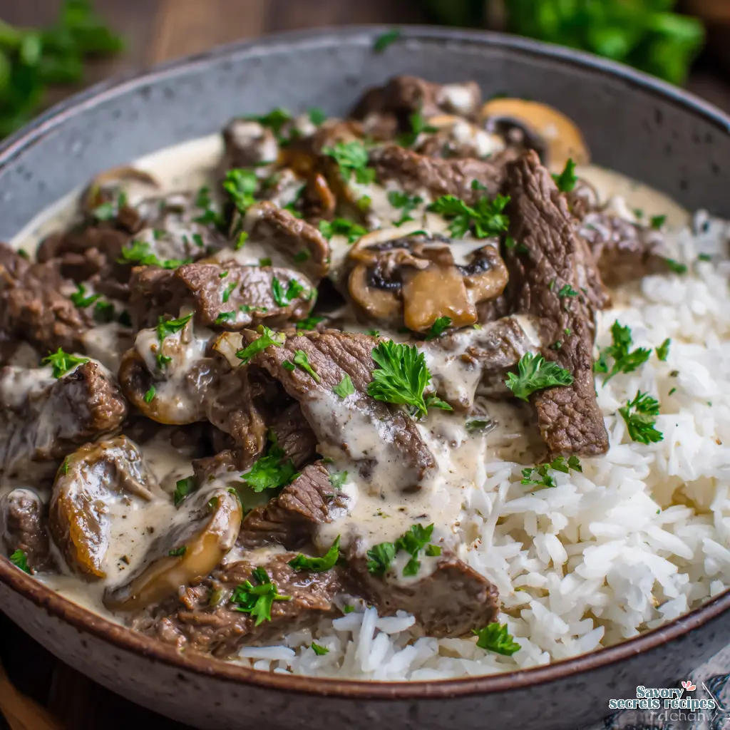 Beef Stroganoff Rice Bowl final presentation in a bowl