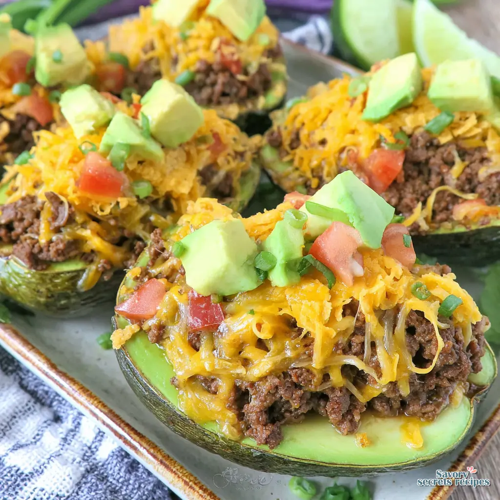 beef taco stuffed avocados in air fryer close up