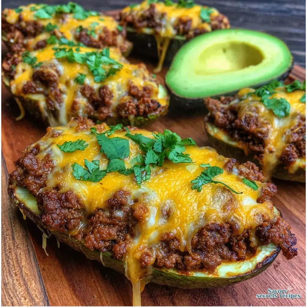 close up of beef taco mixture being spooned into avocado half