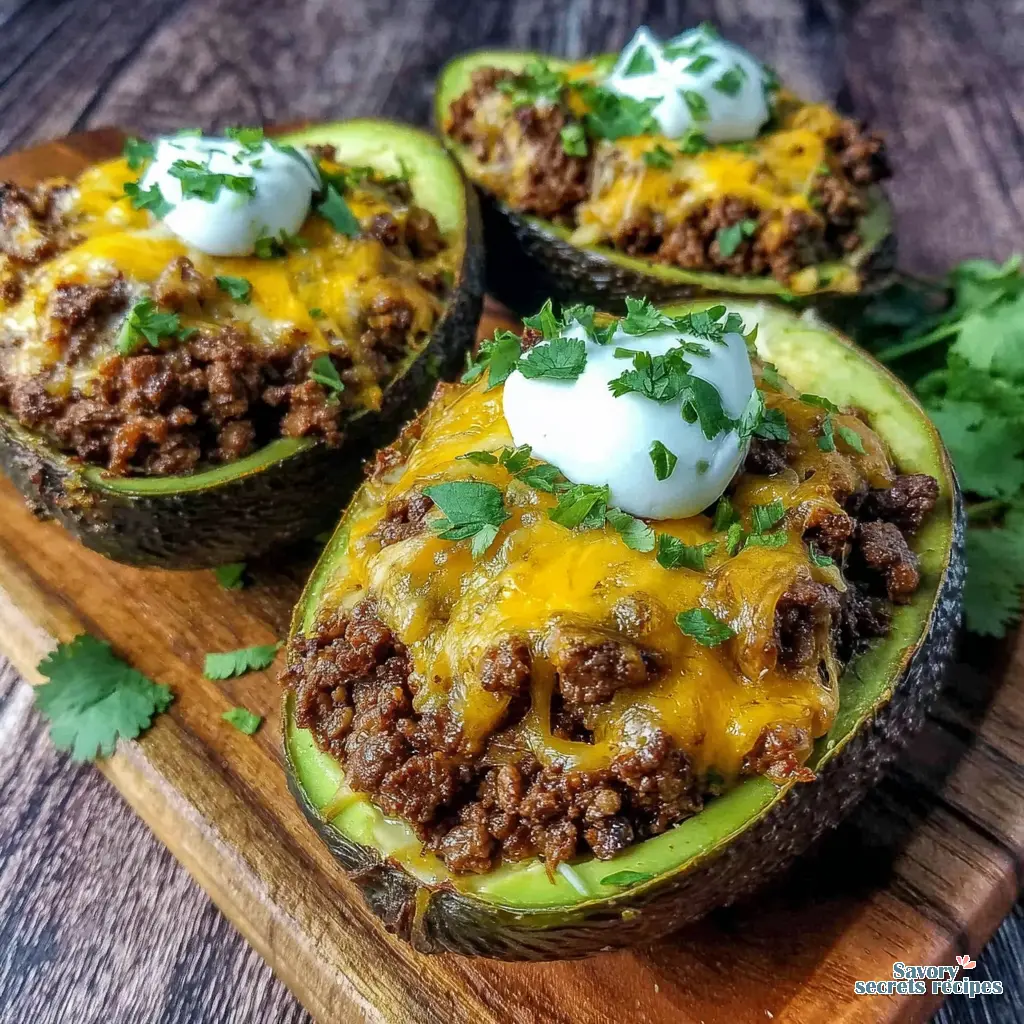 beef taco stuffed avocados keto served on a platter with lime and cilantro