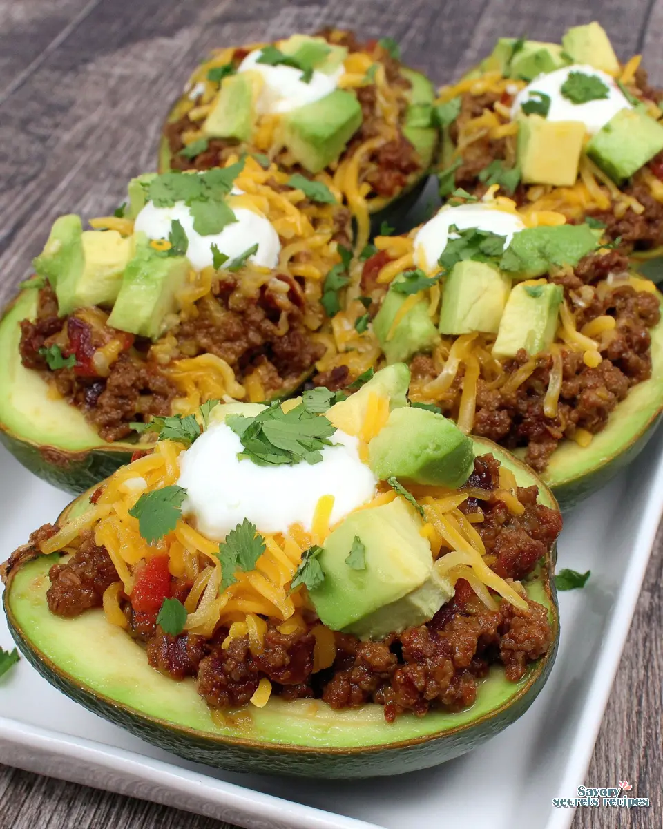 beef taco stuffed avocados recipe close up