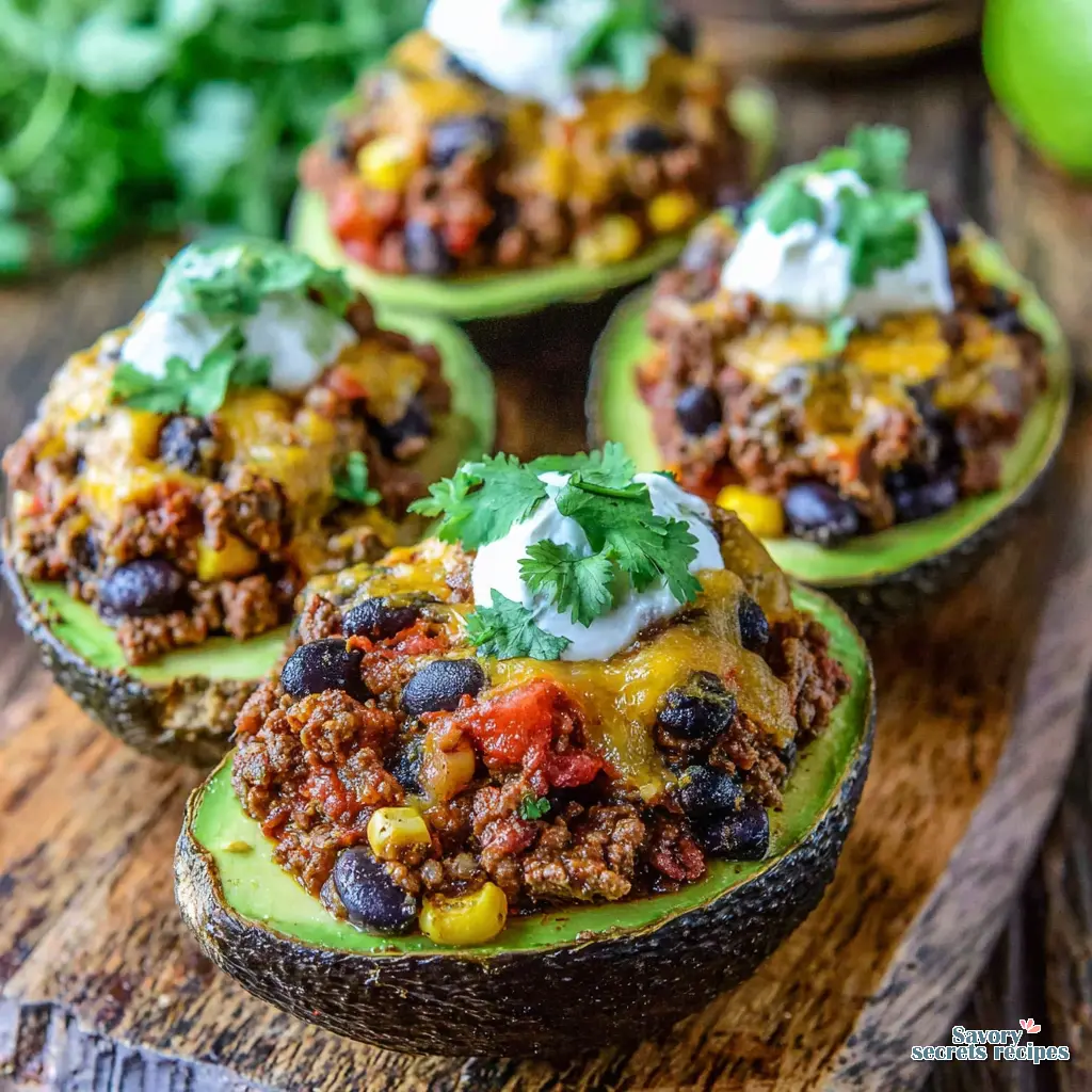 fully loaded vegetarian taco stuffed avocados on a table