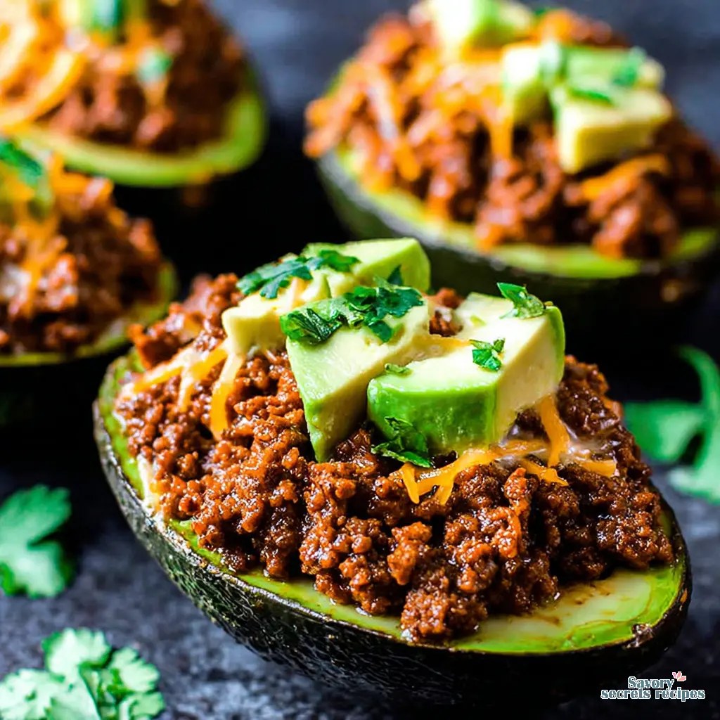close up of baked egg on beef taco stuffed avocado