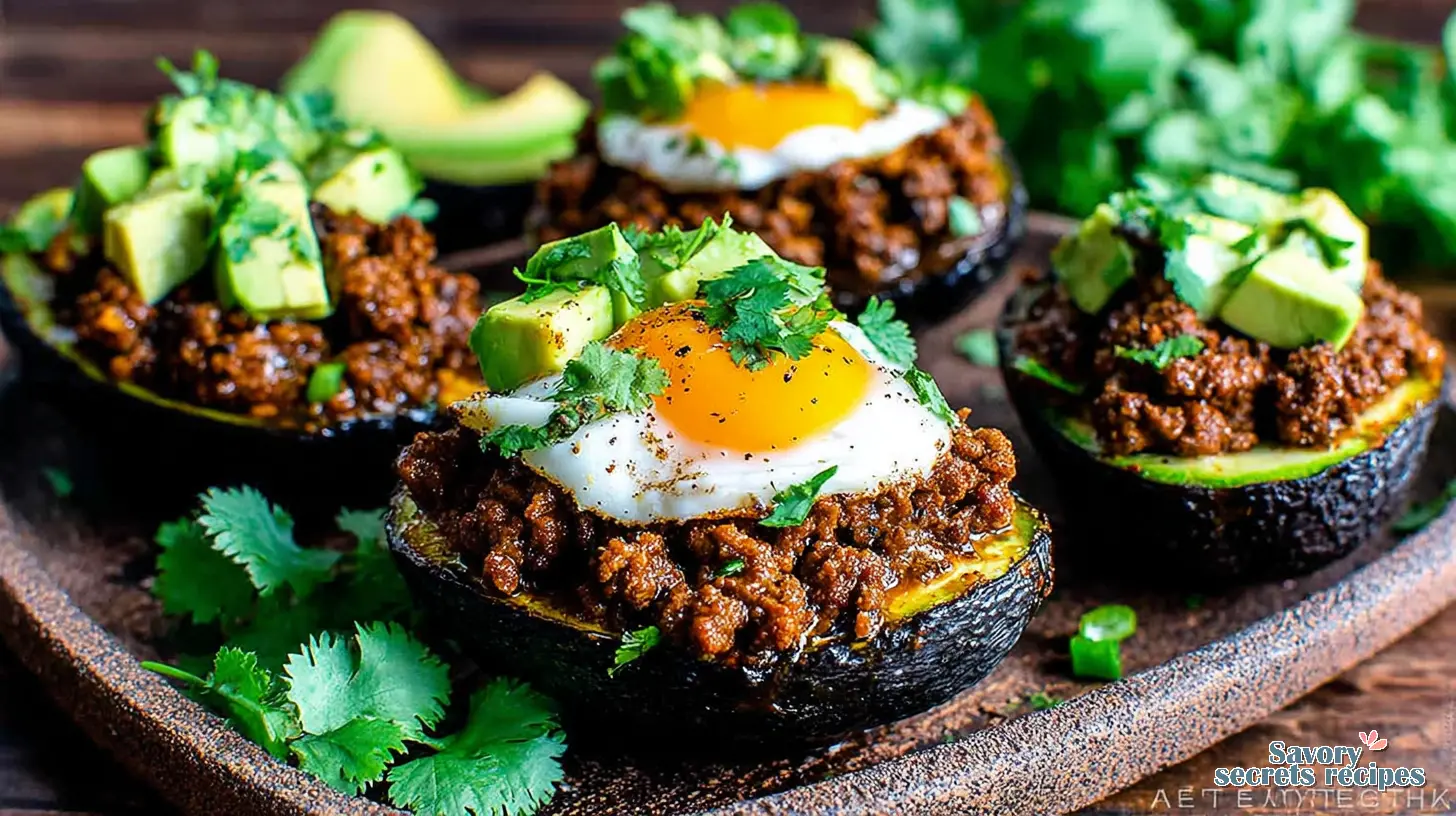 beef taco stuffed avocados with egg served on a table