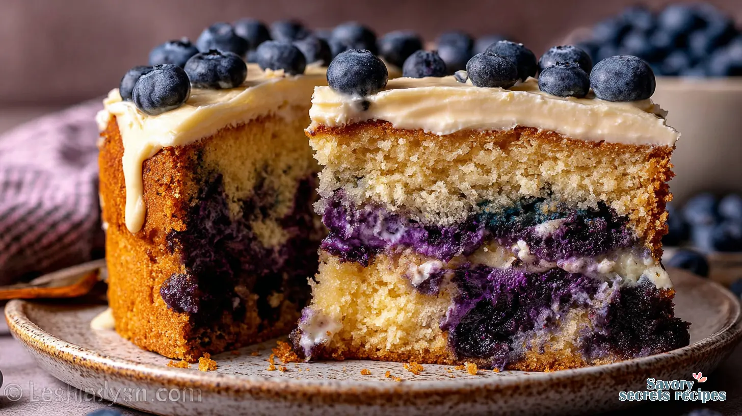 Sliced Blueberry Vanilla Cream Cake on a plate