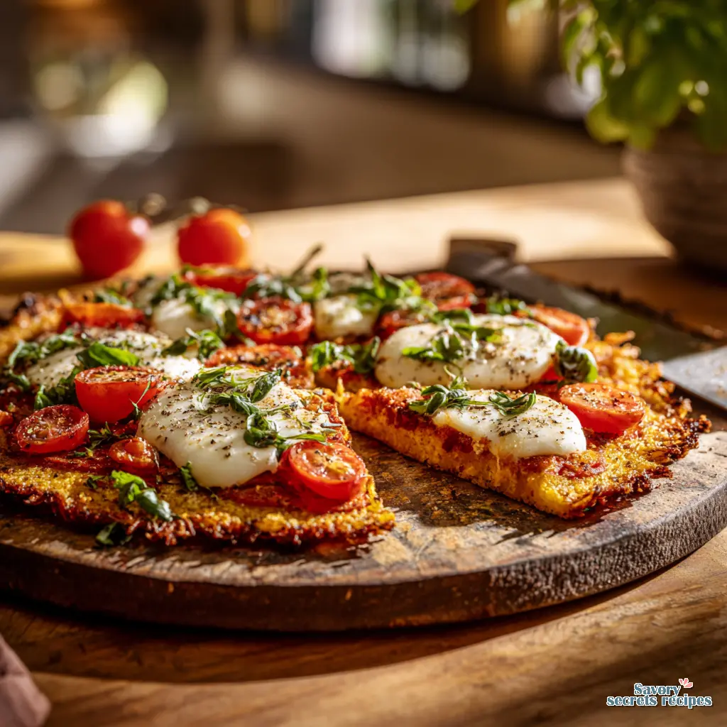 Whole Cauliflower Crust Margherita Pizza on a wooden board