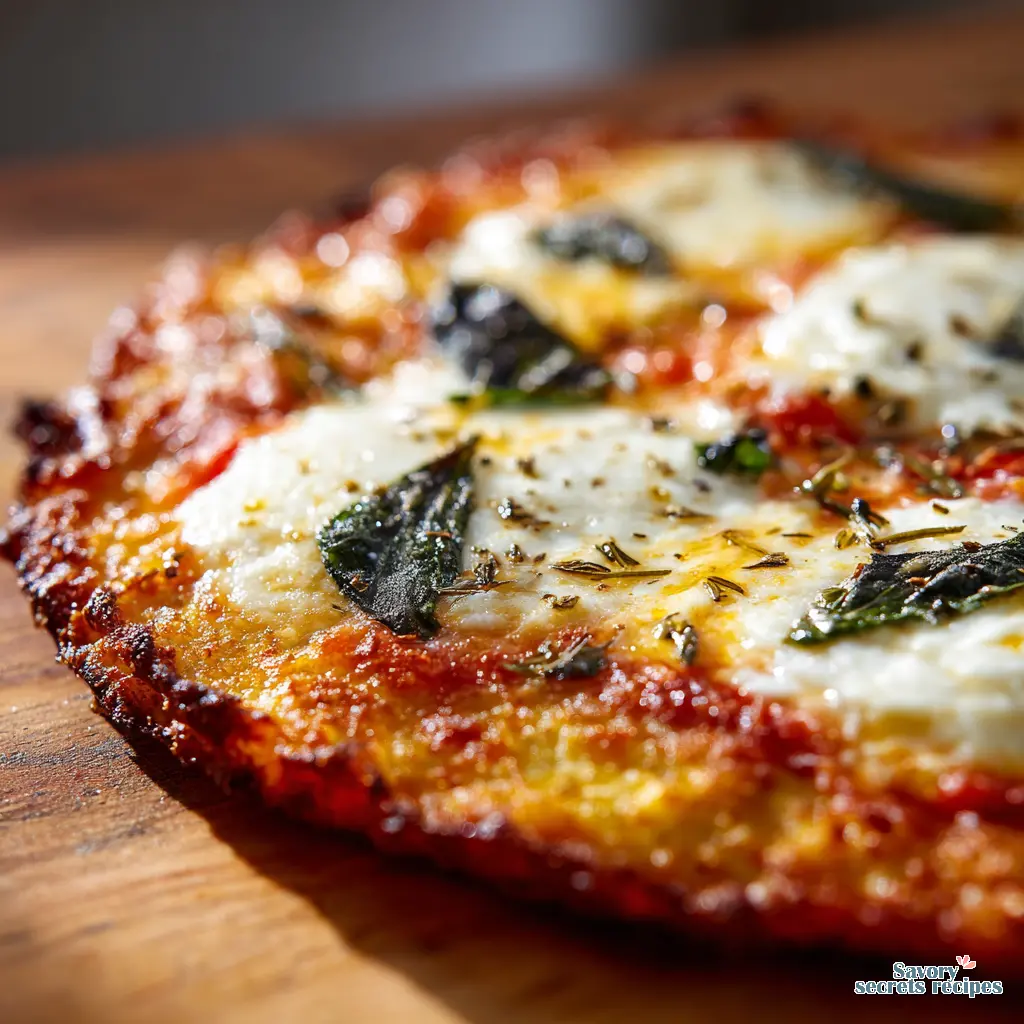 Close up of crispy cauliflower crust edge with melted cheese and basil