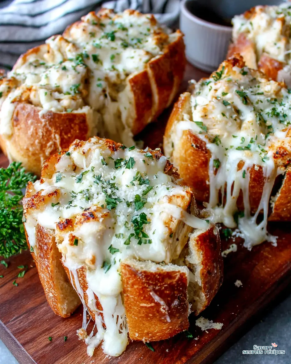 Cheesy Chicken Garlic Bread Boats close up, showing the cheesy filling