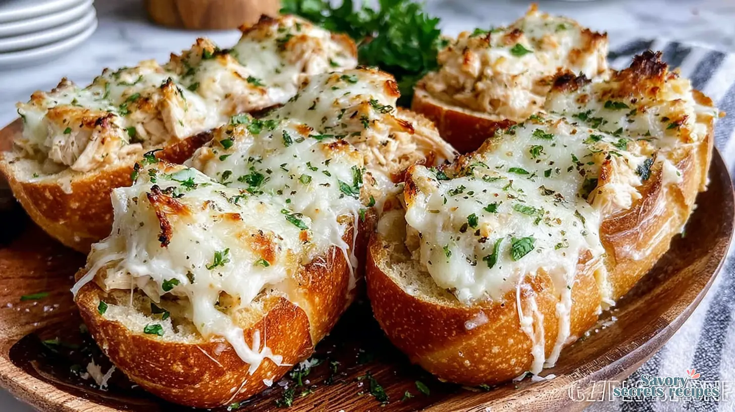 Cheesy Chicken Garlic Bread Boats final presentation on a wooden board