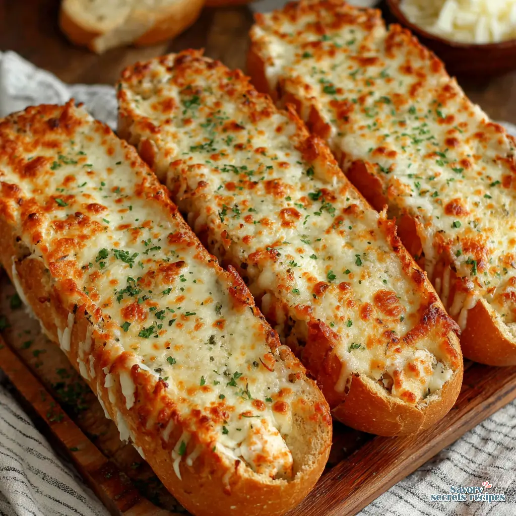 cheesy chicken garlic bread boats foccacia close up