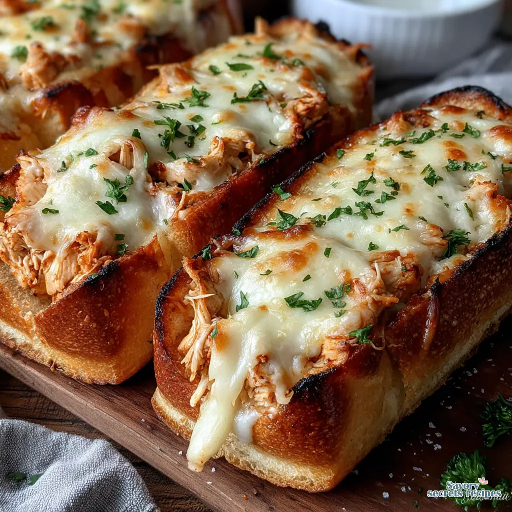 cheesy chicken garlic bread boats grilled close up
